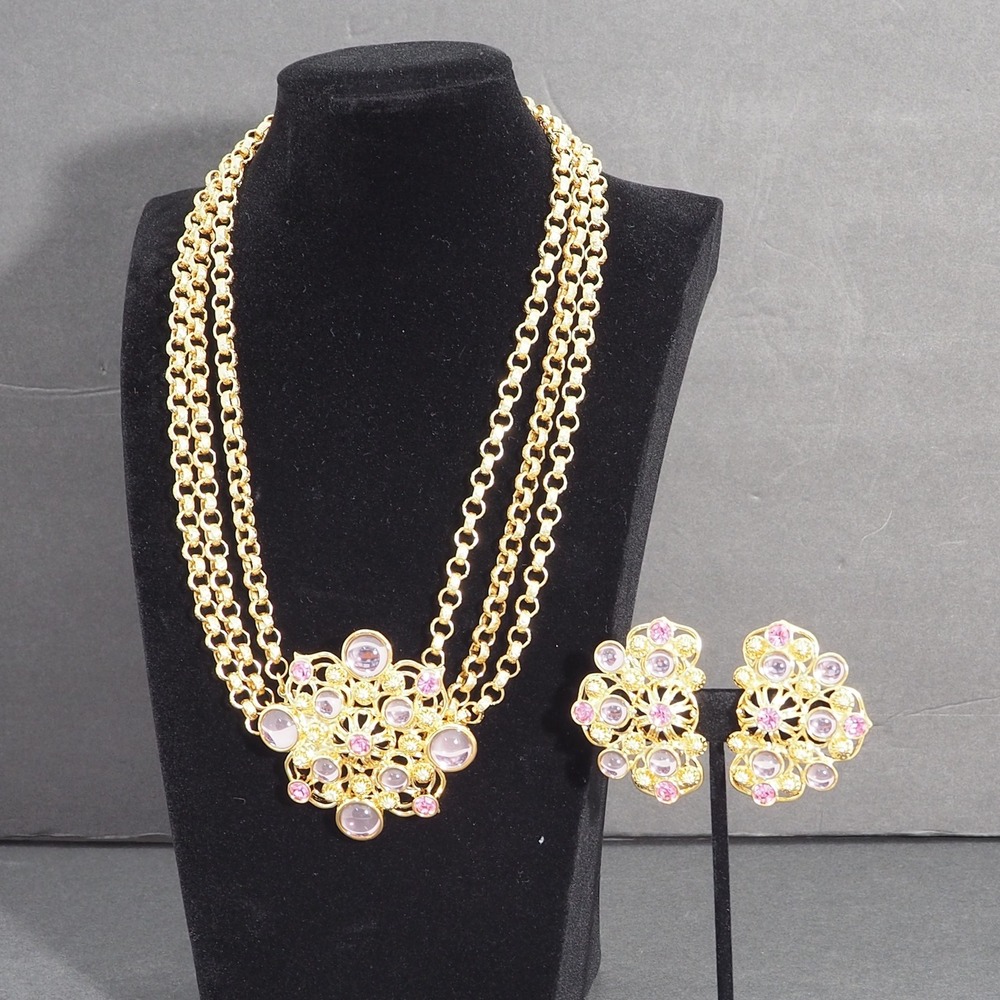 Barrera Avon Marbella Necklace Earrings Set Lavender Purple Pink Moonstone VTG
